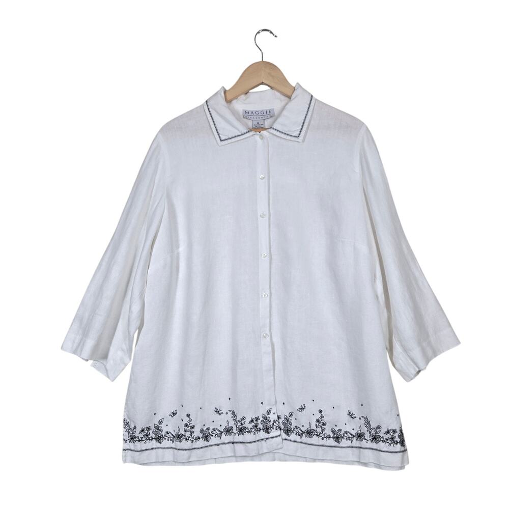 Linen Top Jacket 1X White w/ Black Embroidered Cottagecore Button Front